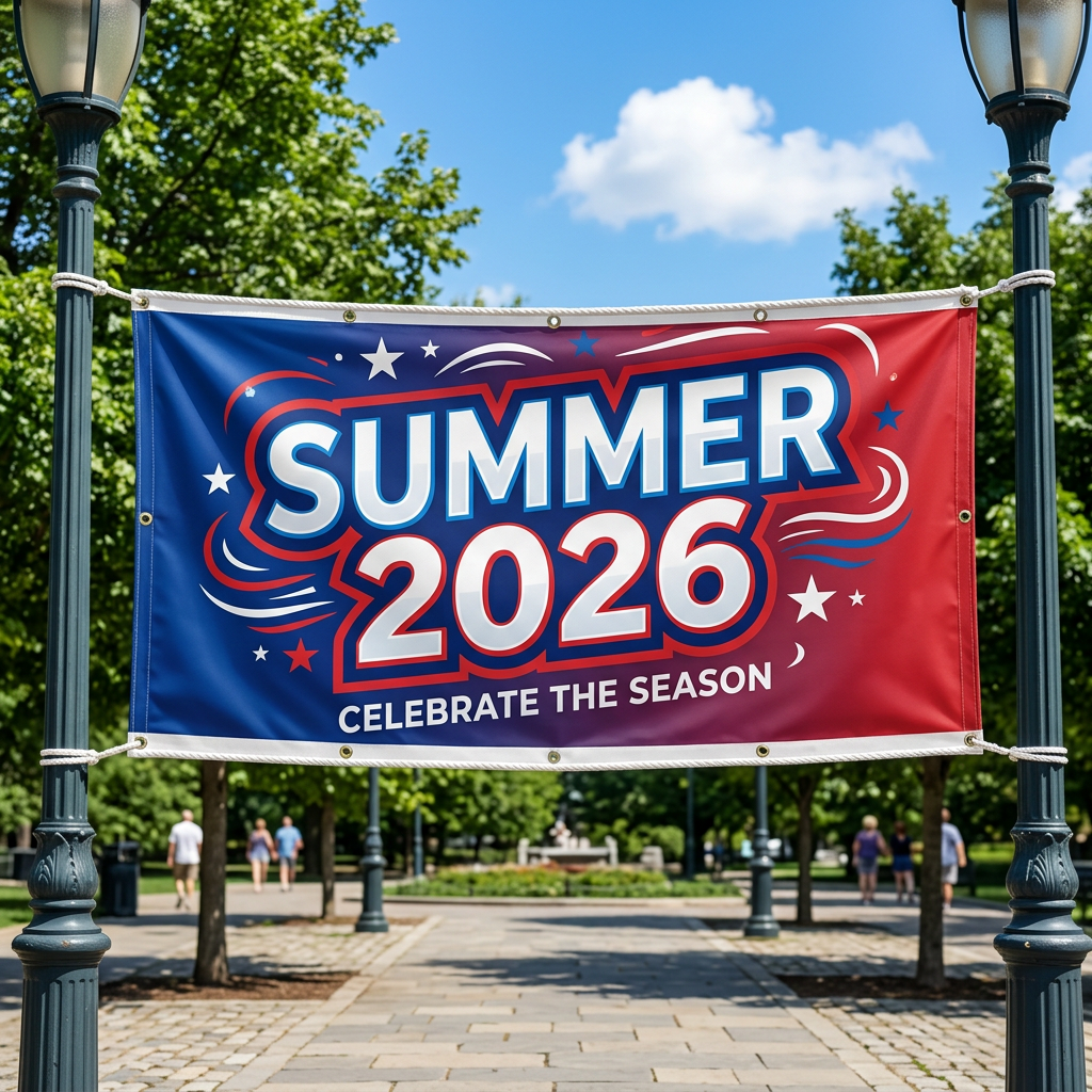 Banner reading Summer 2026 Celebrate the Season in red, white, and blue colors
